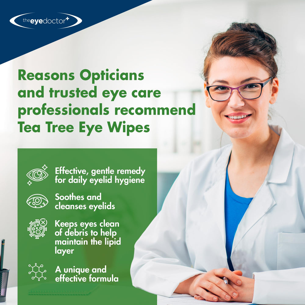 The Eye Doctor Tea Tree Eyelid Wipes large wipe covering the eyelid area.