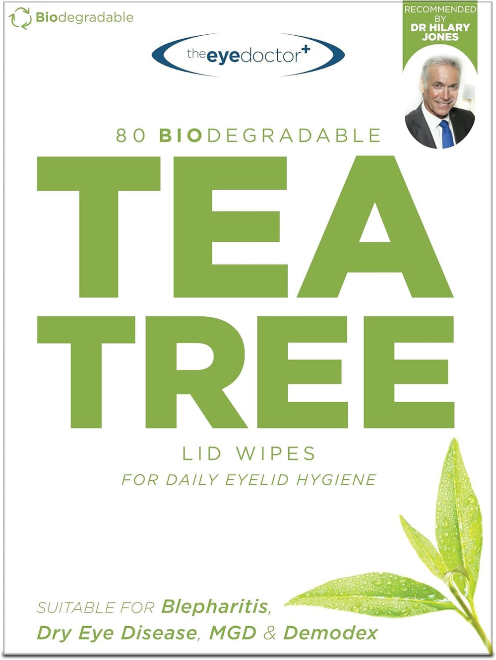The Eye Doctor Tea Tree Eyelid Wipes packaging closeup for daily lid care.