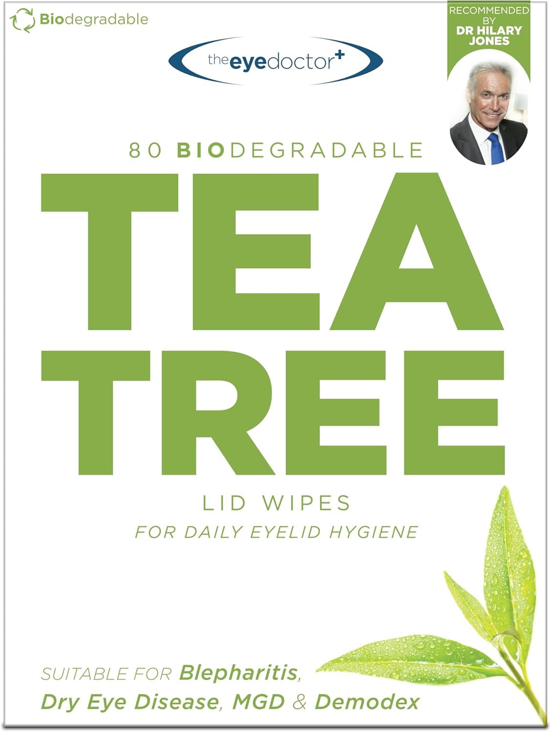 The Eye Doctor Tea Tree Eyelid Wipes packaging closeup for daily lid care.