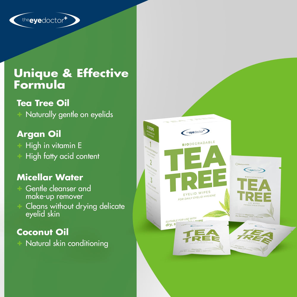 The Eye Doctor Tea Tree Eyelid Wipes compact pack for travel.