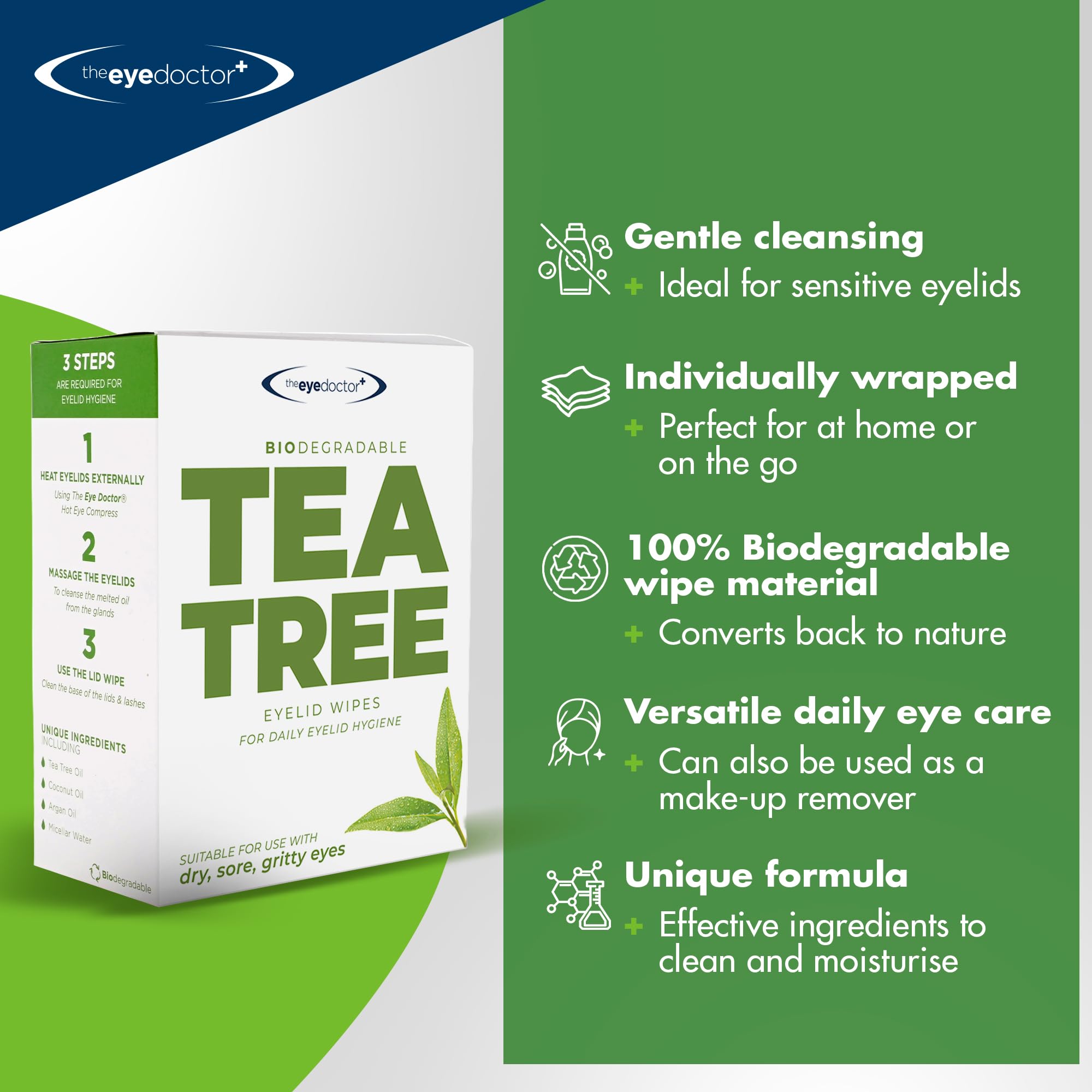 The Eye Doctor Tea Tree Eyelid Wipes on a clean vanity.