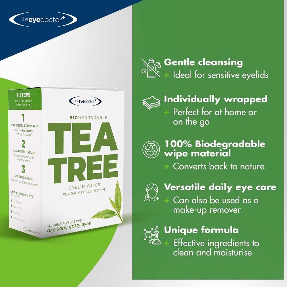 The Eye Doctor Tea Tree Eyelid Wipes on a clean vanity.