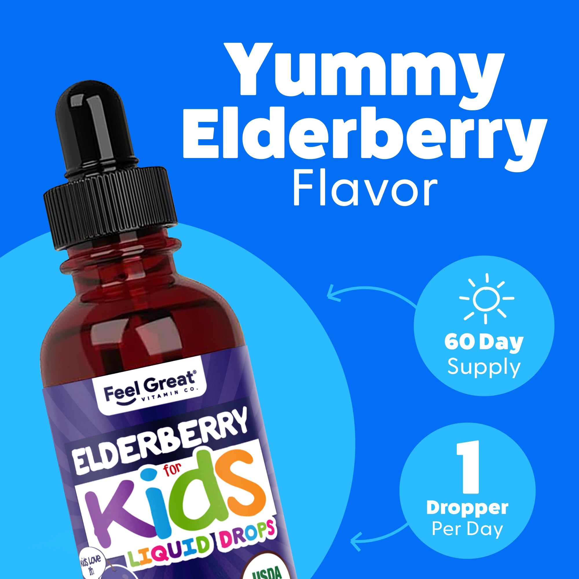 The Feel Great Vitamin Company elderberry extract ingredient panel shows zinc and vitamin C