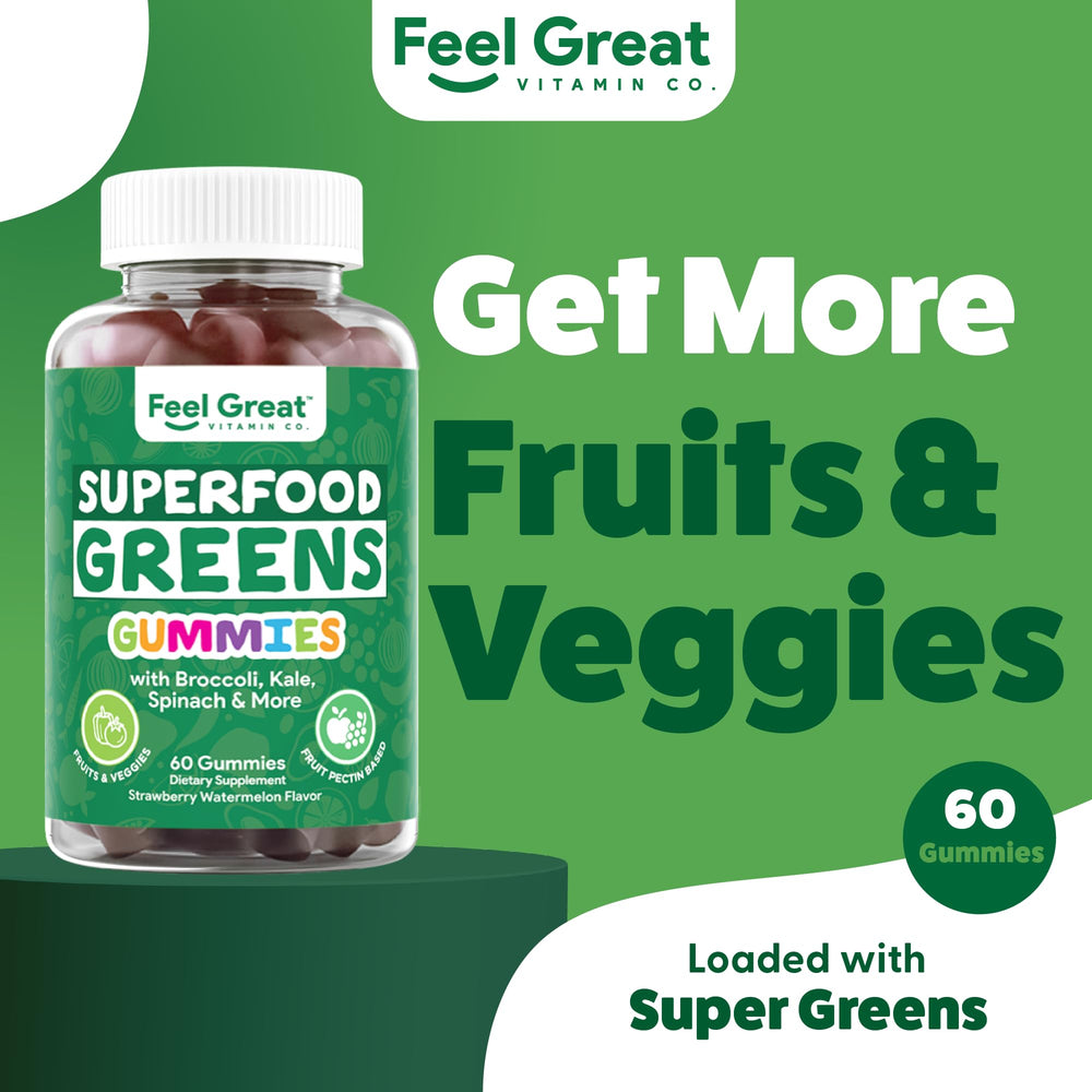 The Feel Great Vitamin Company Super Greens Gummies close-up showing chewy texture.