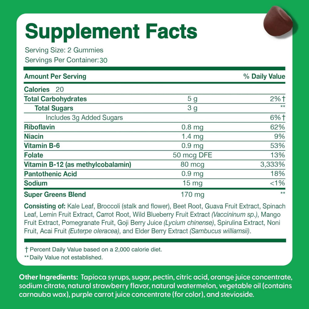 The Feel Great Vitamin Company Super Greens Gummies beet root element hints at natural energy.
