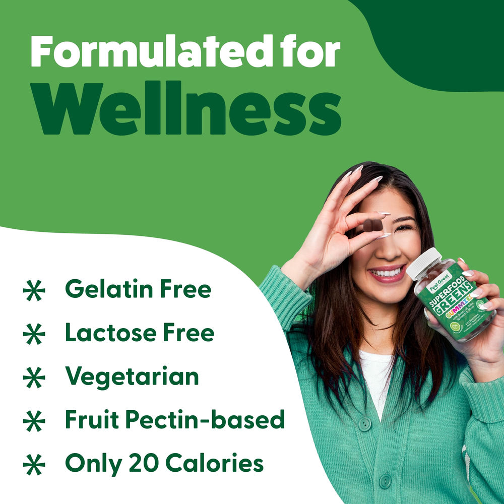 The Feel Great Vitamin Company Super Greens Gummies broccoli visuals signal vitamin diversity.