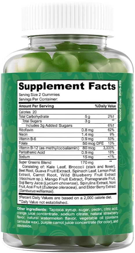 The Feel Great Vitamin Company Super Greens Gummies elderberry visuals hint at flavor variety.