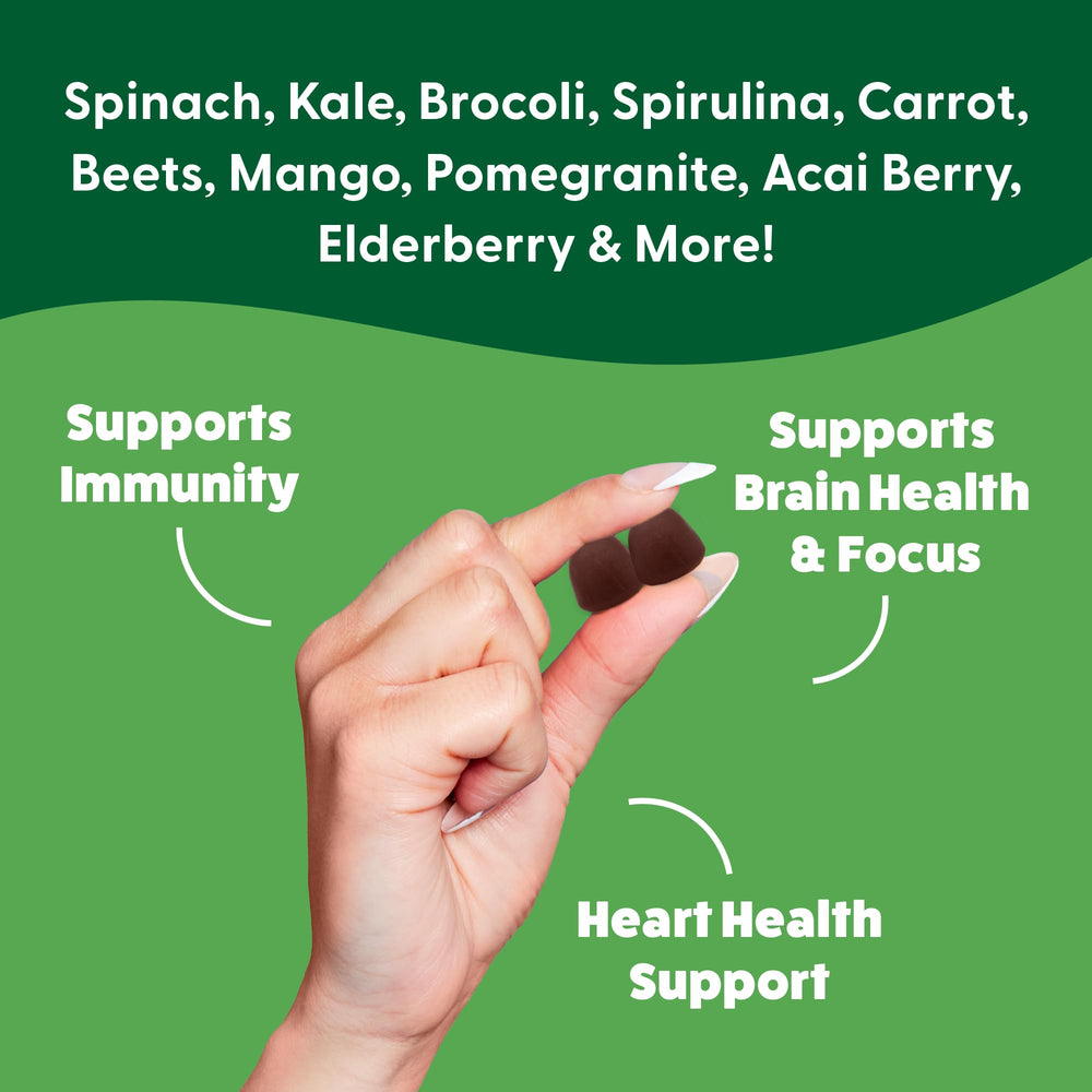 The Feel Great Vitamin Company Super Greens Gummies kale imagery highlights antioxidants.