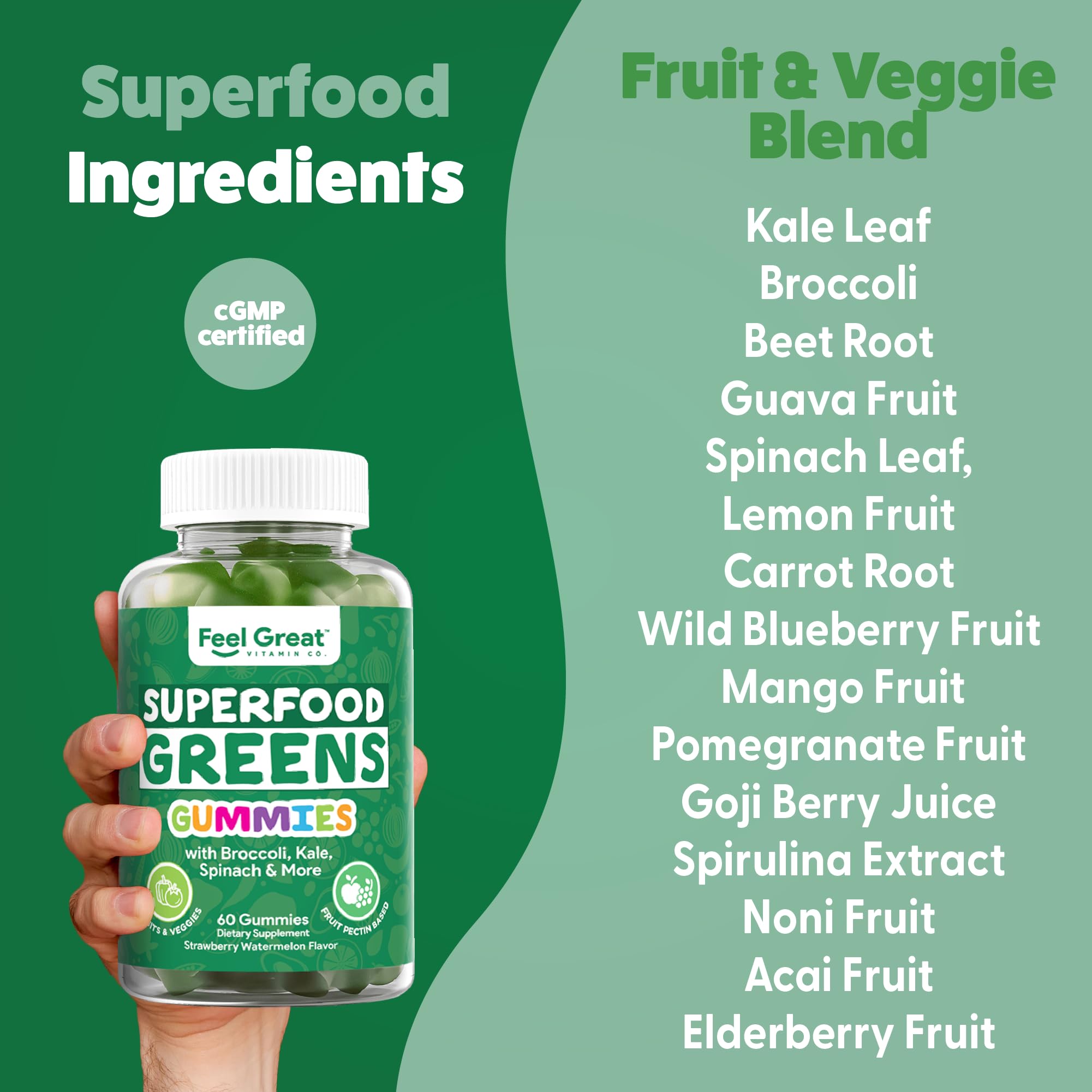The Feel Great Vitamin Company Super Greens Gummies spinach visuals emphasize nutrient boost.