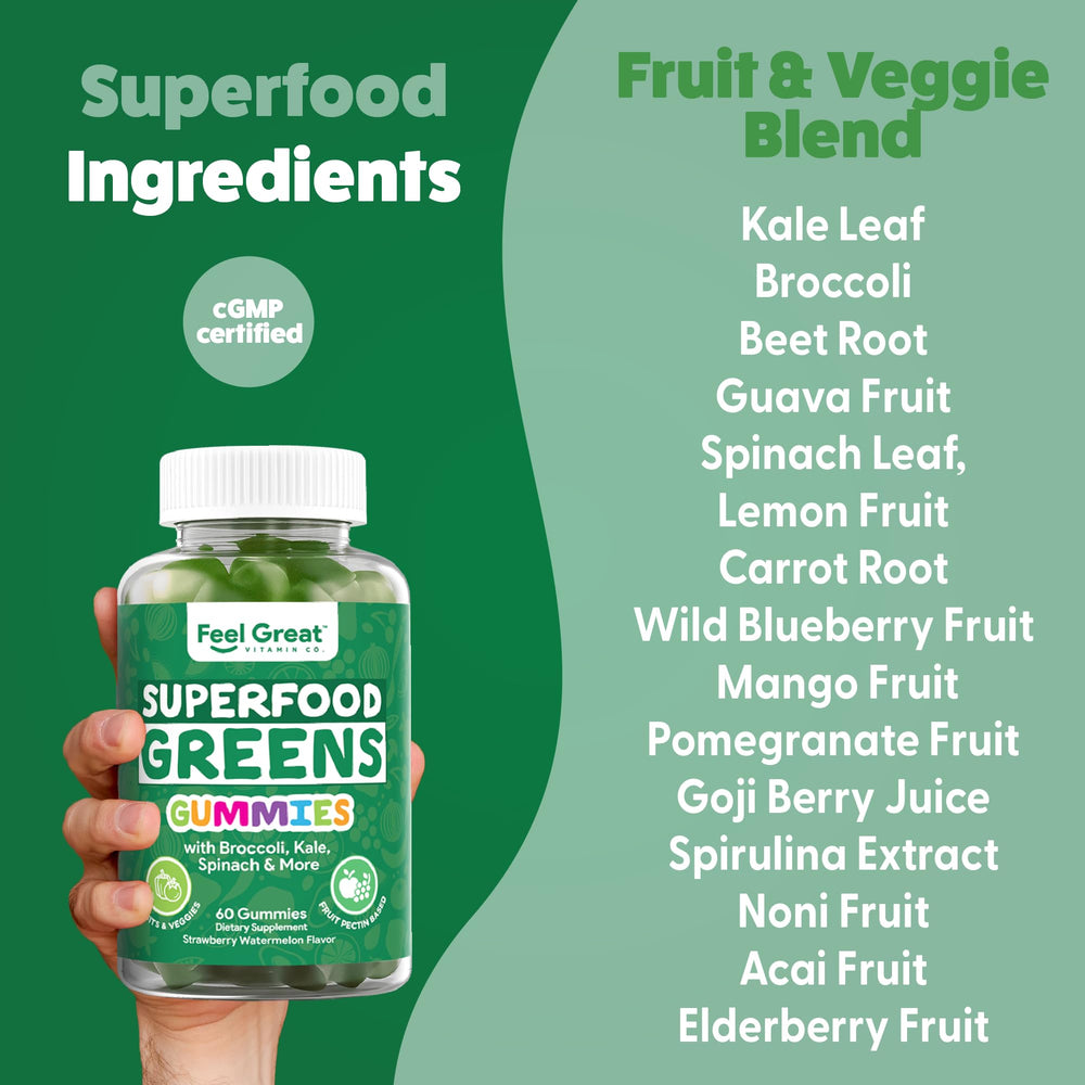 The Feel Great Vitamin Company Super Greens Gummies spinach visuals emphasize nutrient boost.