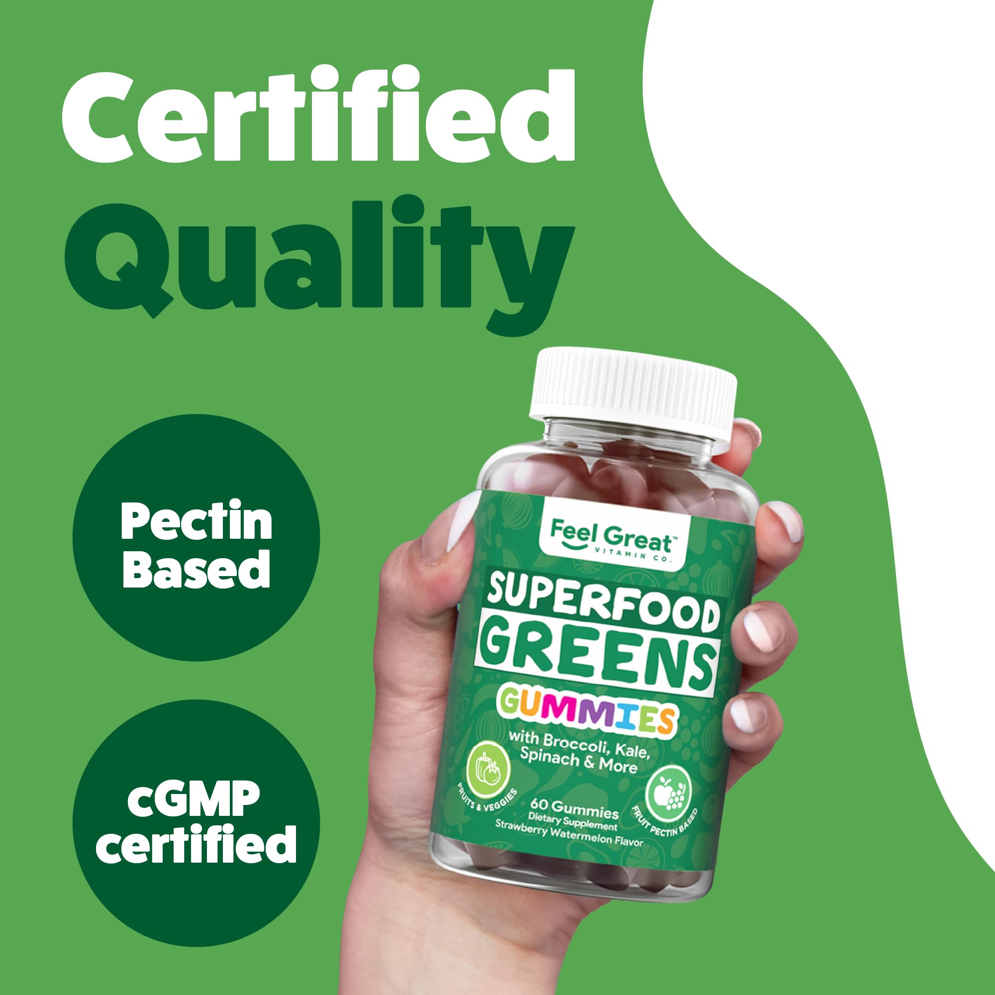 The Feel Great Vitamin Company Super Greens Gummies watermelon flavor visuals.