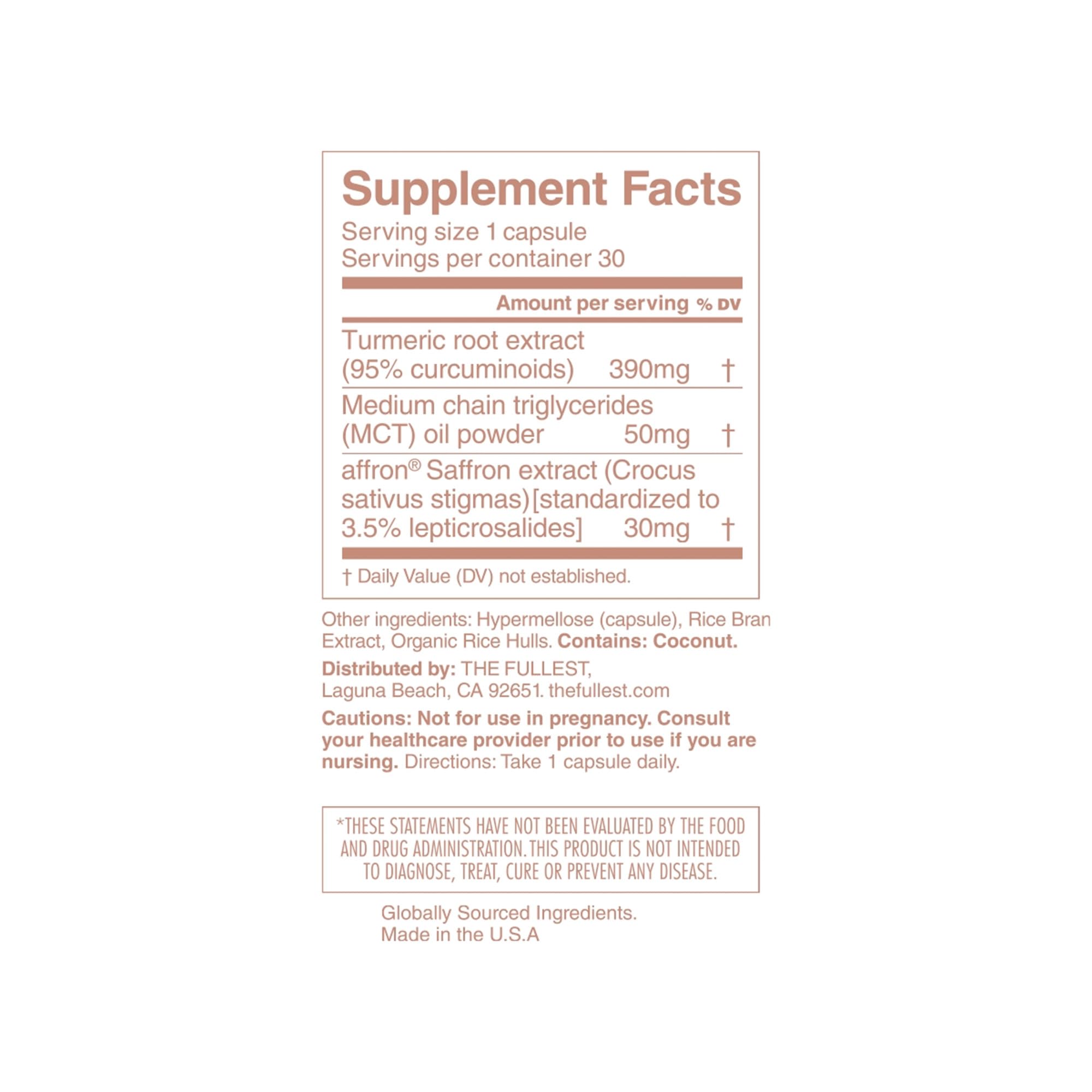 THE FULLEST saffron capsules bottle back showing ingredients.