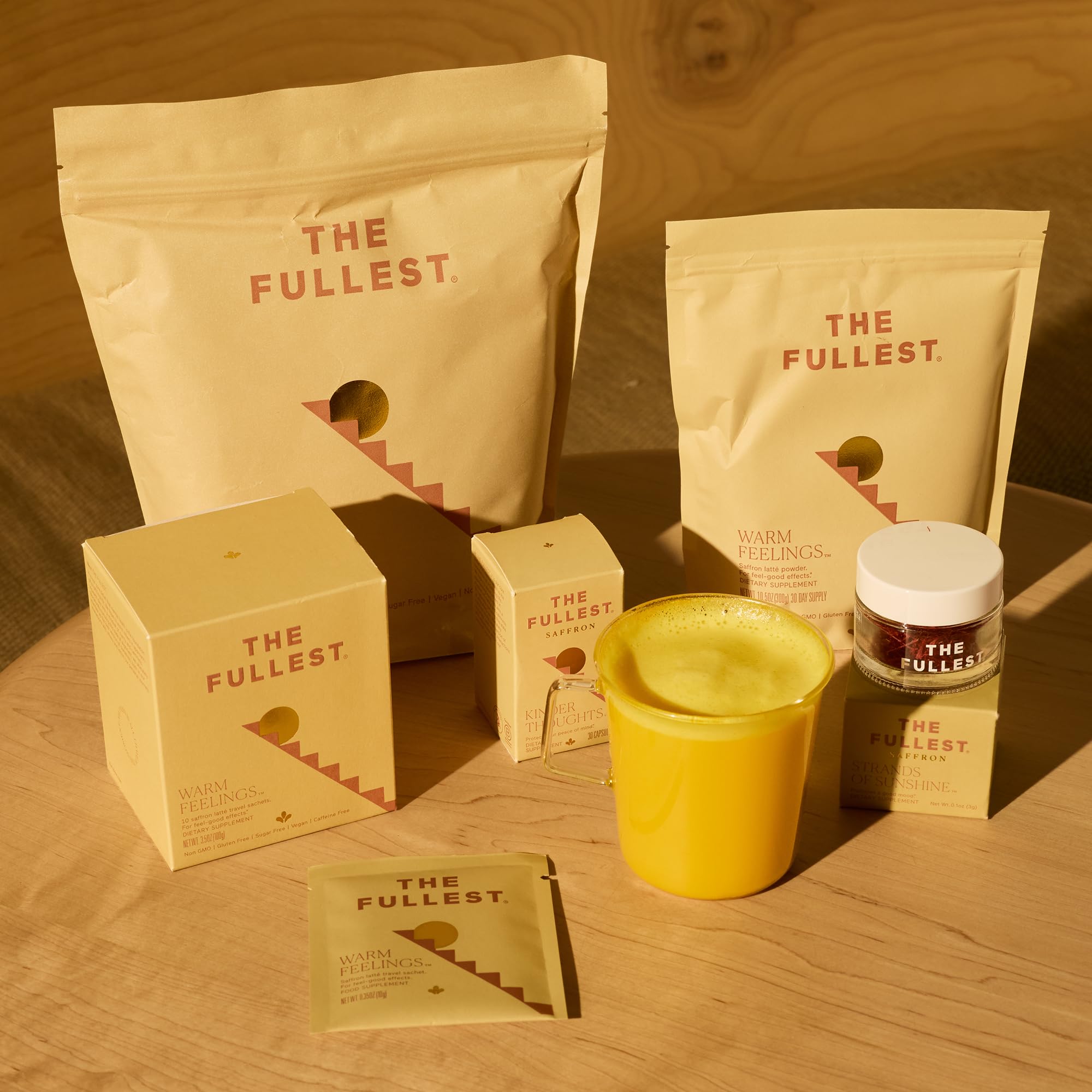 THE FULLEST saffron capsules on a clean wellness shelf.