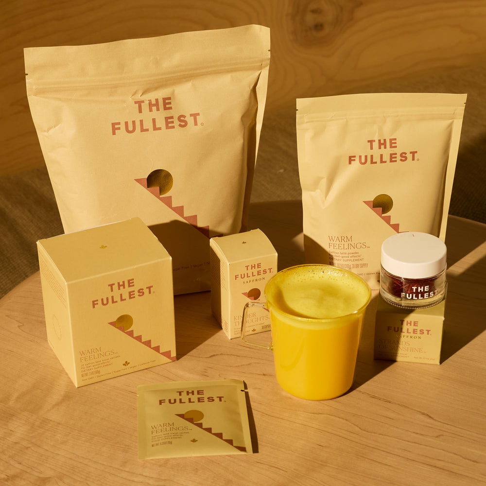 THE FULLEST saffron capsules on a clean wellness shelf.