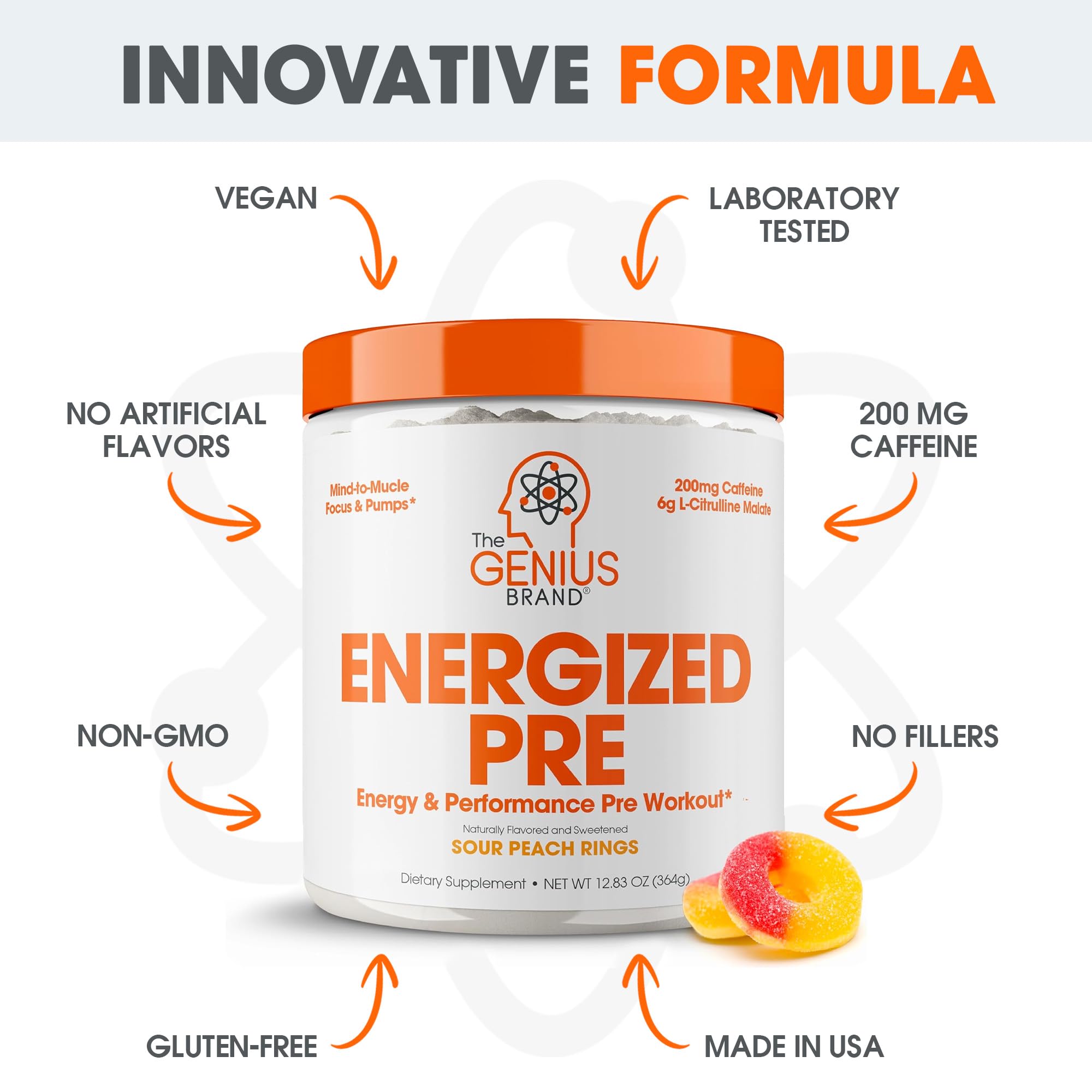 Serving scoop with 20 servings per container of Genius Energized shown.