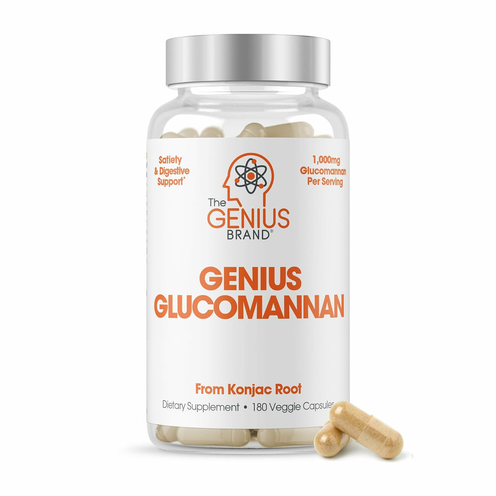 The Genius Brand Genius Glucomannan bottle with vegan capsules for digestive comfort.
