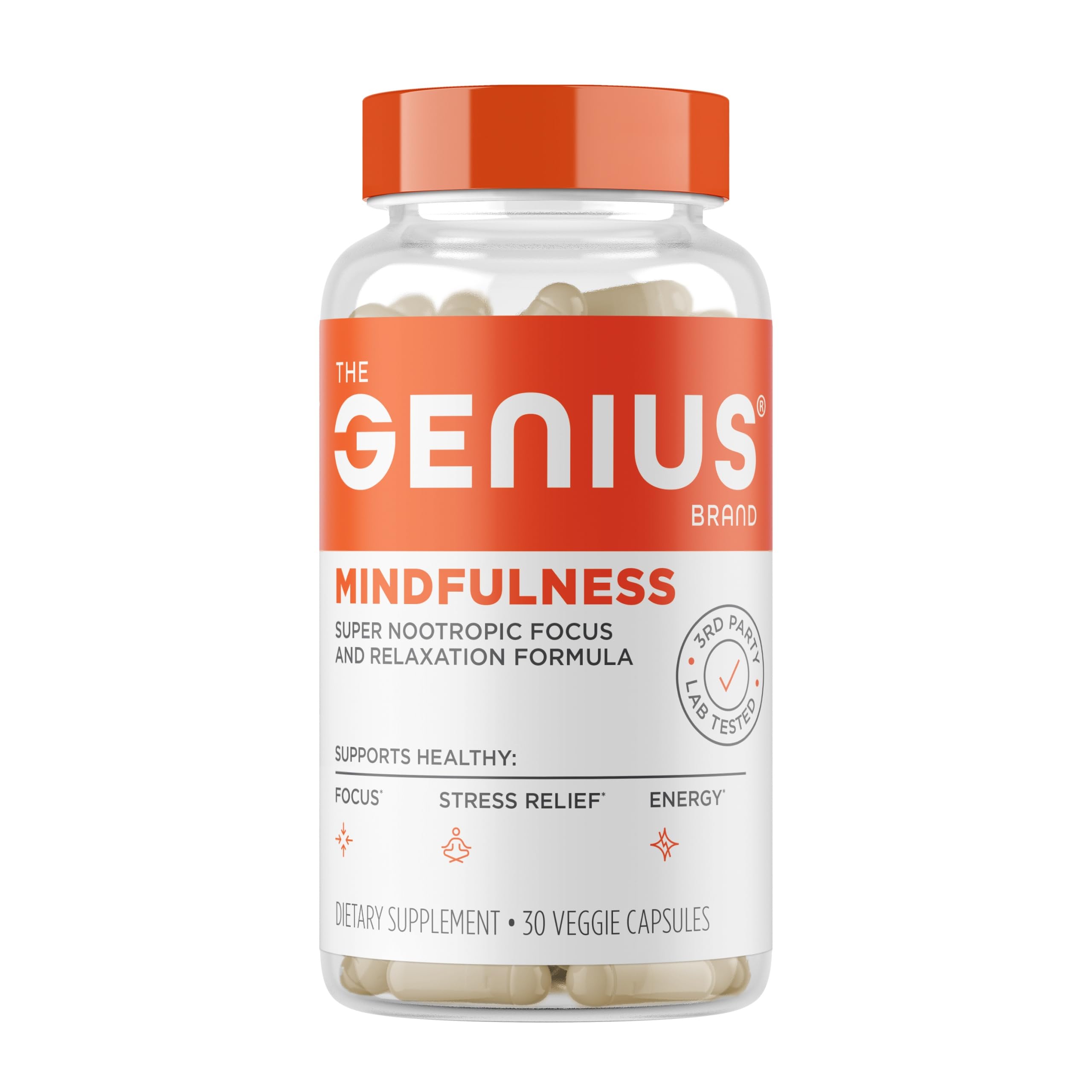 The Genius Brand Genius Mindfulness bottle closeup for daily focus and calm