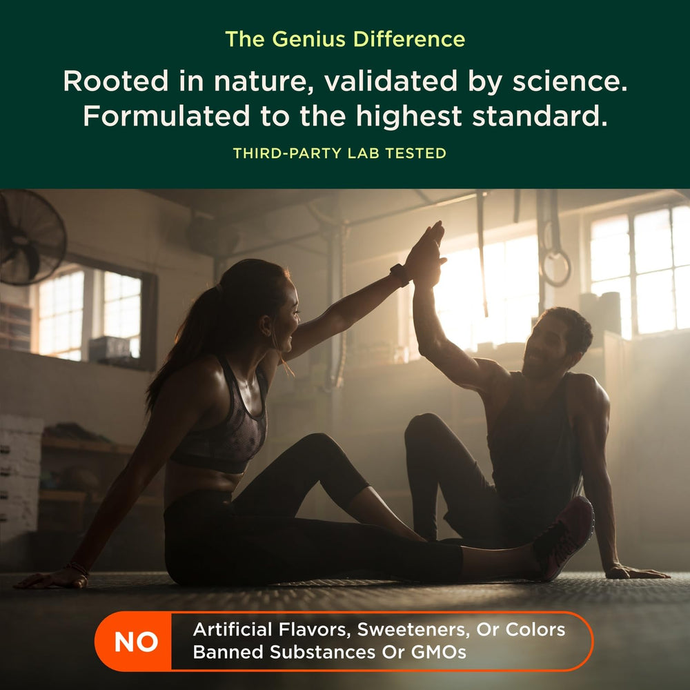 The Genius Brand Genius Mindfulness nutrition facts panel emphasizes vegan pills and brain support ingredients
