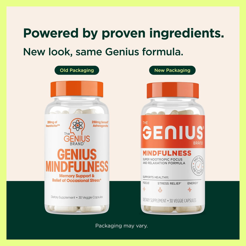 The Genius Brand Genius Mindfulness pills inside bottle support sustained energy and clarity