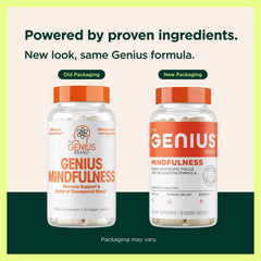 The Genius Brand Genius Mindfulness pills inside bottle support sustained energy and clarity