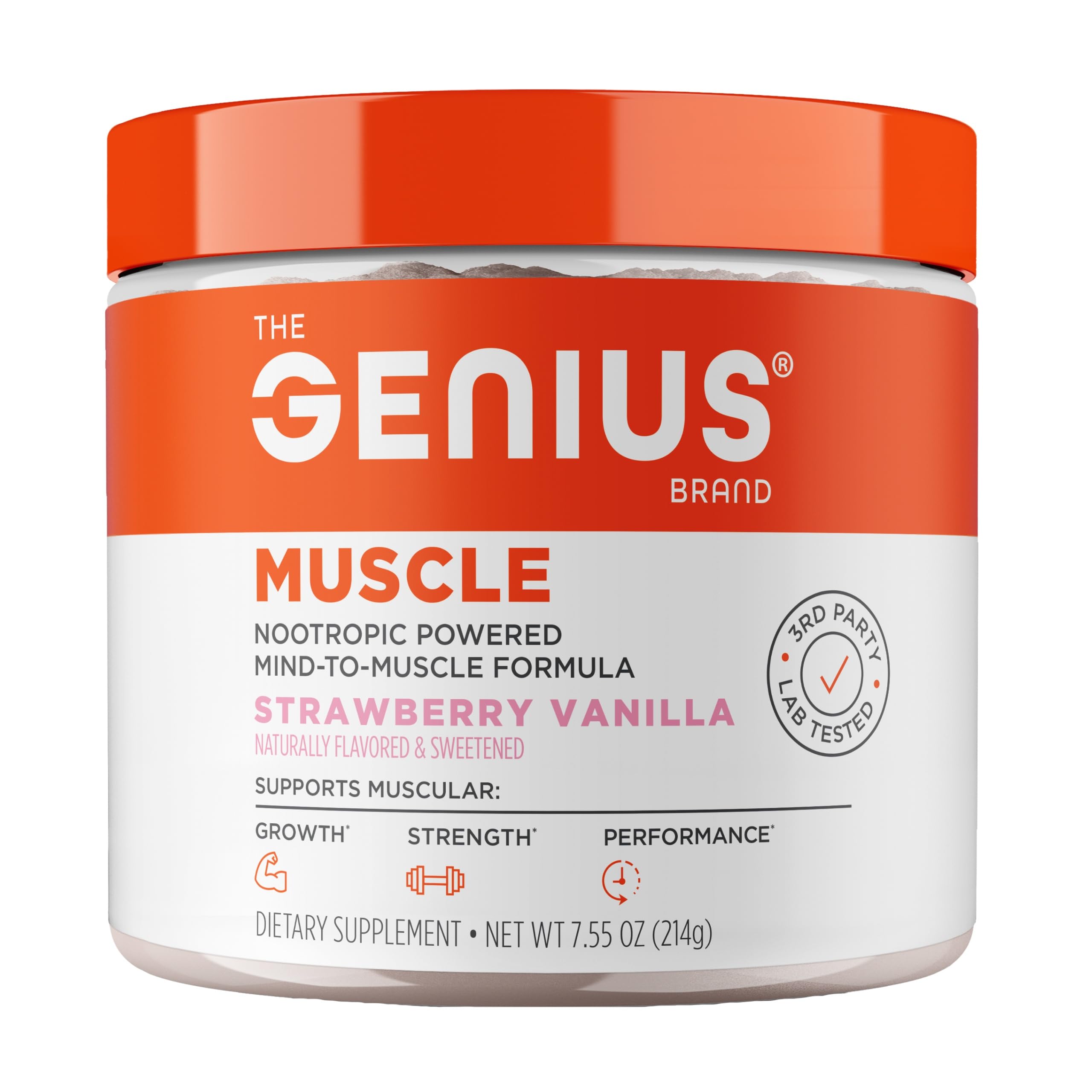 The Genius Brand Genius Muscle bottle front for endurance and recovery support
