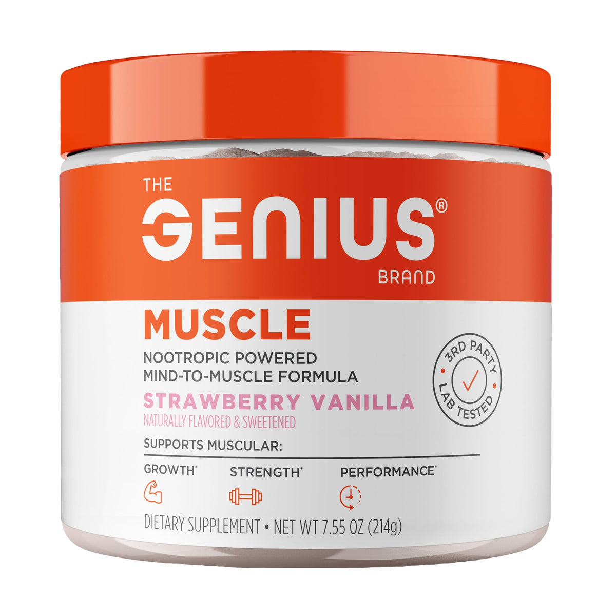The Genius Brand Genius Muscle bottle front for endurance and recovery support