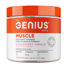 The Genius Brand Genius Muscle bottle front for endurance and recovery support
