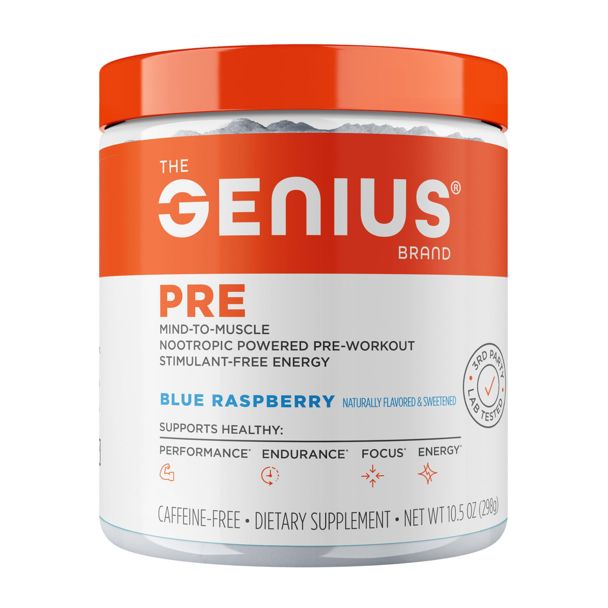 The Genius Brand Genius Pre blue raspberry tub ready for a clean pre-workout boost