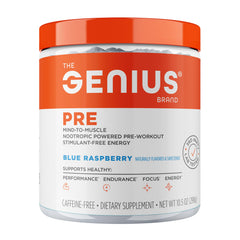 The Genius Brand Genius Pre blue raspberry tub ready for a clean pre-workout boost