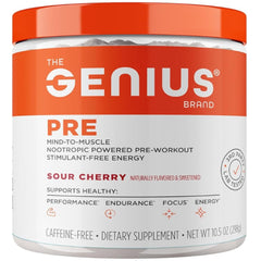 The Genius Brand Genius Pre bottle on shelf highlighting clean energy and focus potential.