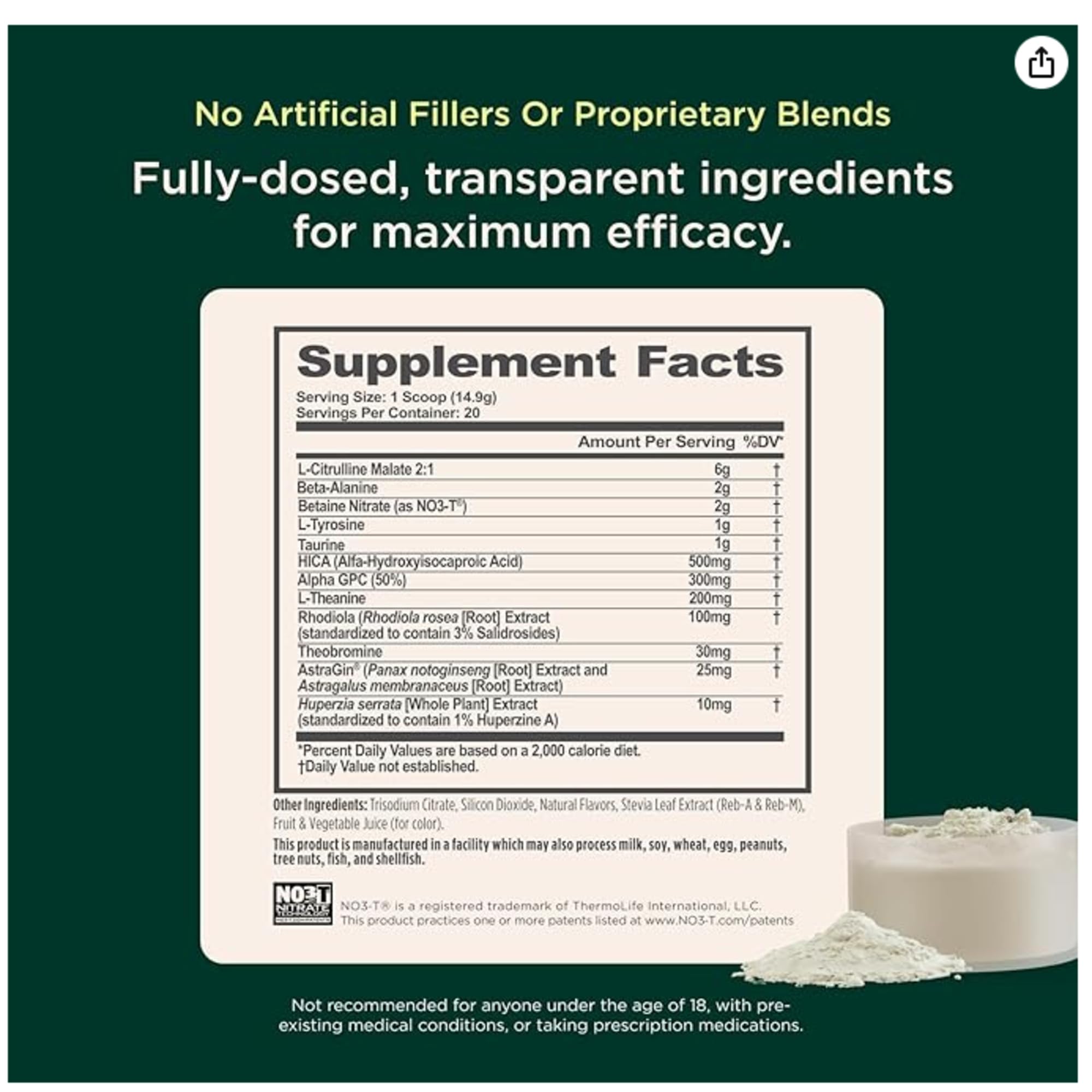 The Genius Brand Genius Pre label closeup emphasizes non-GMO and no artificial flavors.