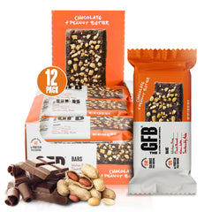 The GFB chocolate peanut butter bar close-up shows rich flavor and plant-based protein.