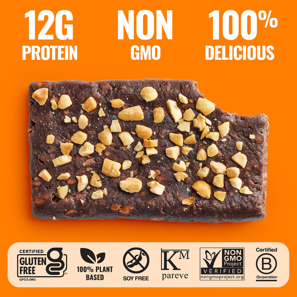 The GFB bar ingredients spotlight roasted peanuts and cocoa.