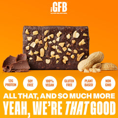 The GFB bar packaging highlights gluten-free, vegan, and non-GMO credentials.
