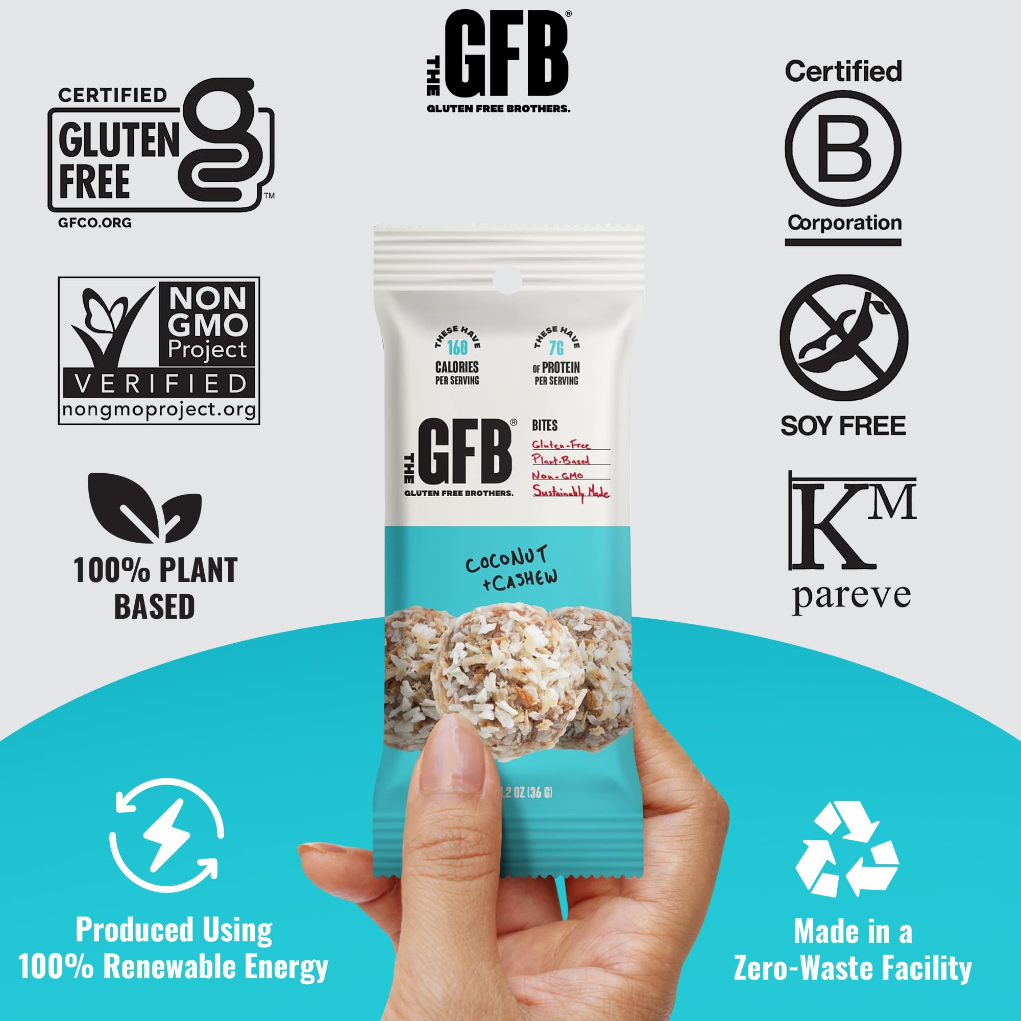Made in USA badge with The GFB Coconut Cashew Bites for sustainable production
