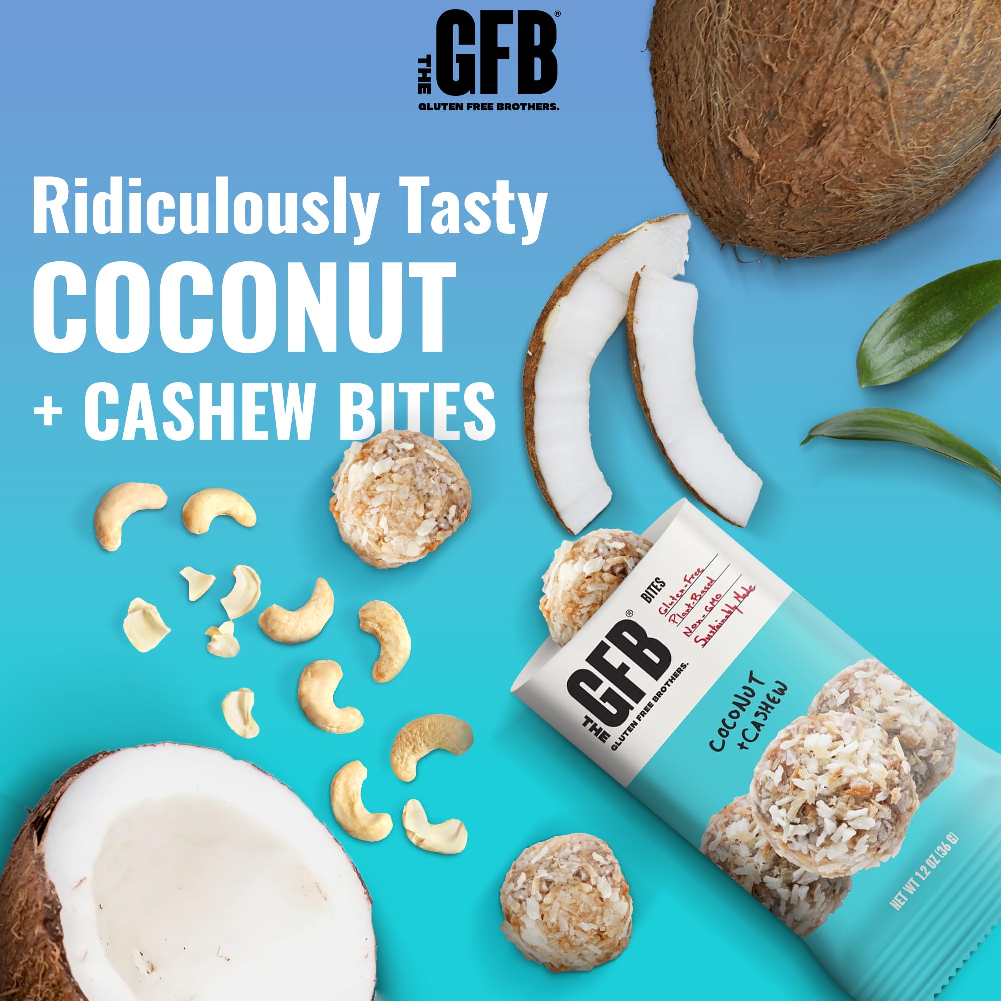 Nutrition panel for The GFB Coconut Cashew Bites with non-GMO and gluten-free certifications