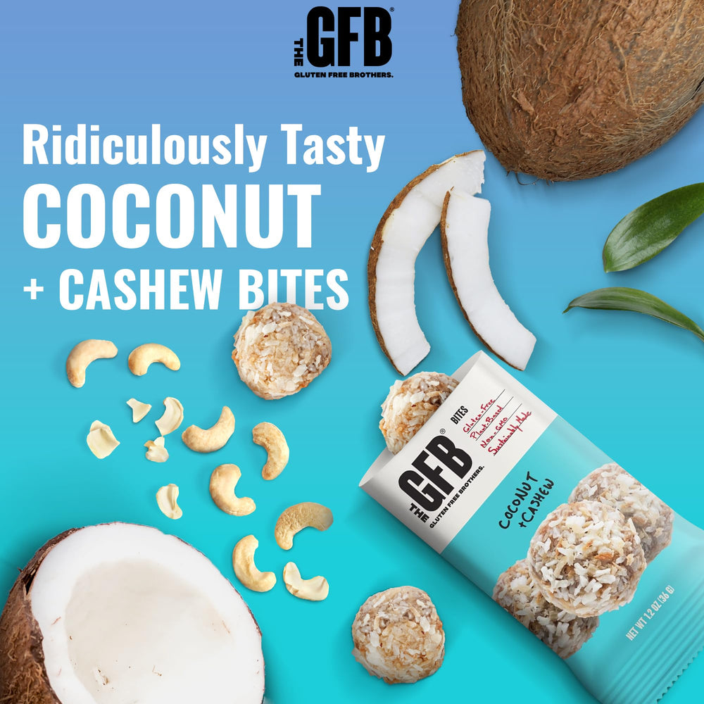 Nutrition panel for The GFB Coconut Cashew Bites with non-GMO and gluten-free certifications