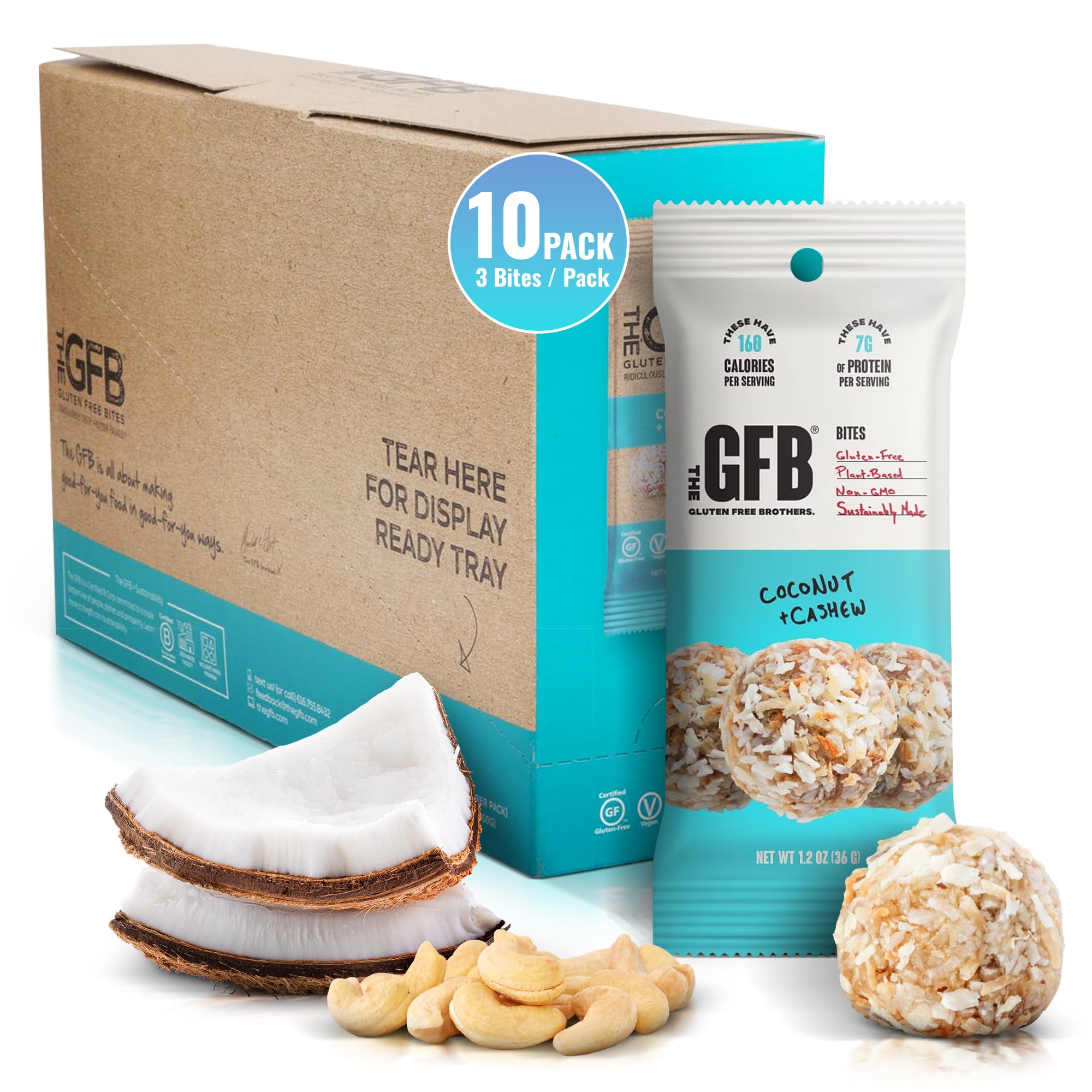 The GFB Coconut Cashew Bites pack front, gluten-free vegan snack on the go