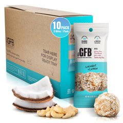 The GFB Coconut Cashew Bites pack front, gluten-free vegan snack on the go