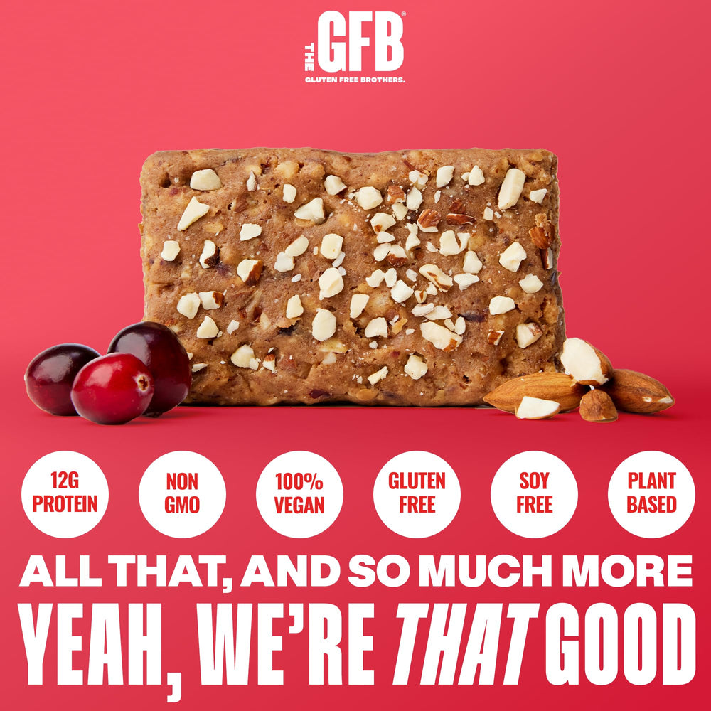 The GFB Cranberry Toasted Almond bar closeup captures chewy texture and tangy cranberry notes.