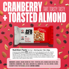 The GFB Cranberry Toasted Almond bar ingredient list image shows almonds and cranberries for wholesome snacking.