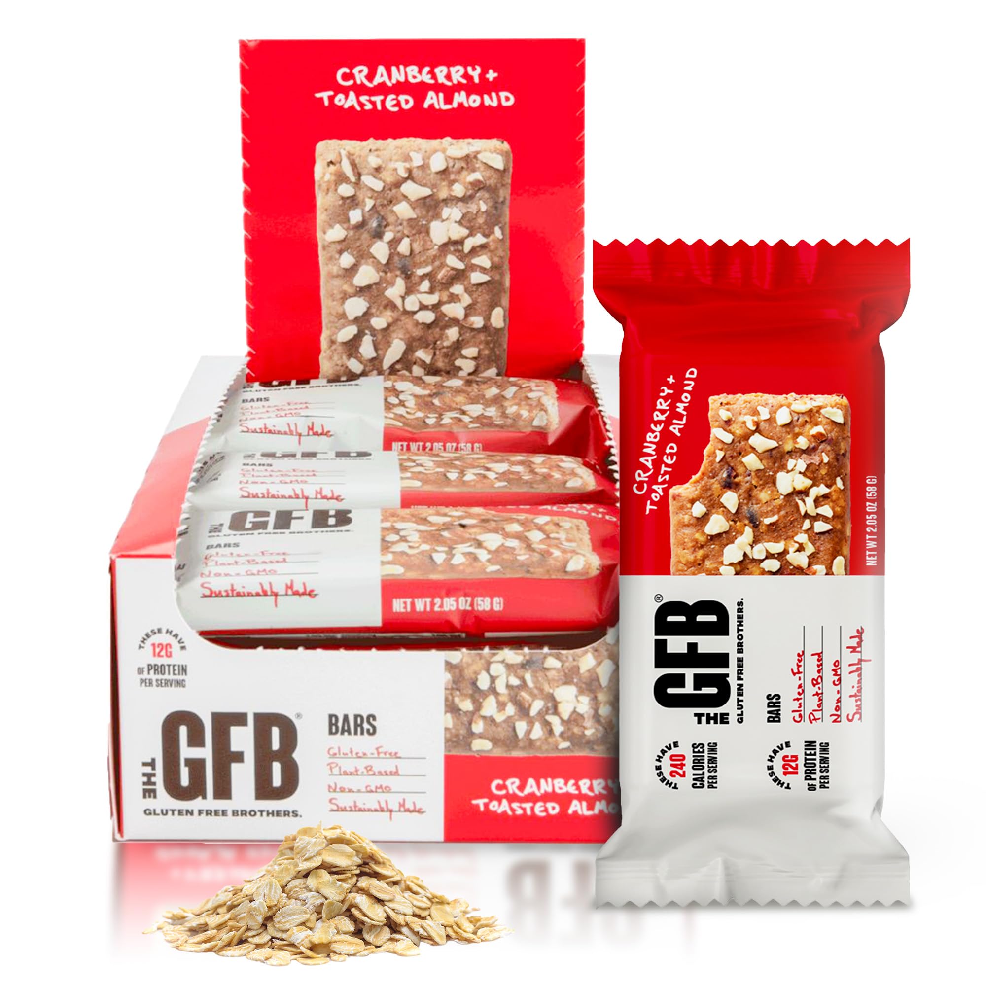 The GFB Cranberry Toasted Almond bar packaging highlights gluten-free vegan nutrition in a convenient, on-the-go format.