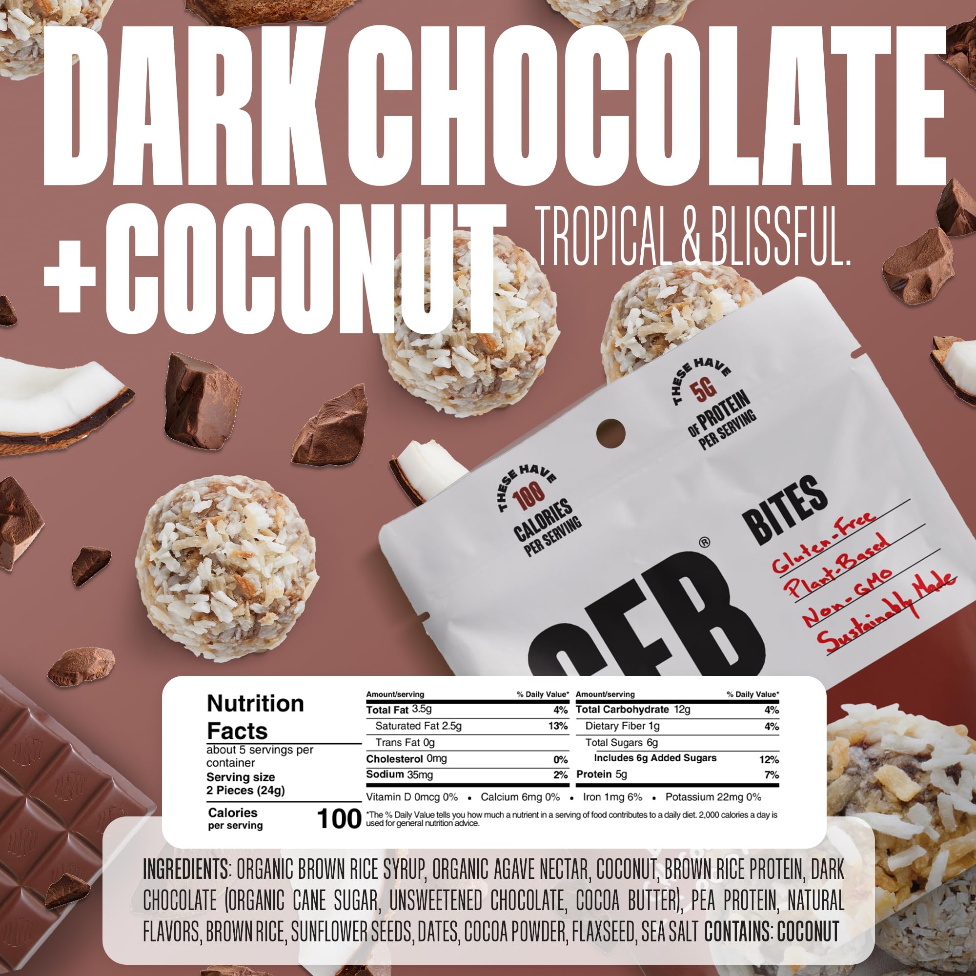 The GFB dark chocolate coconut bite blends chocolate and tropical coconut with plant-based protein.