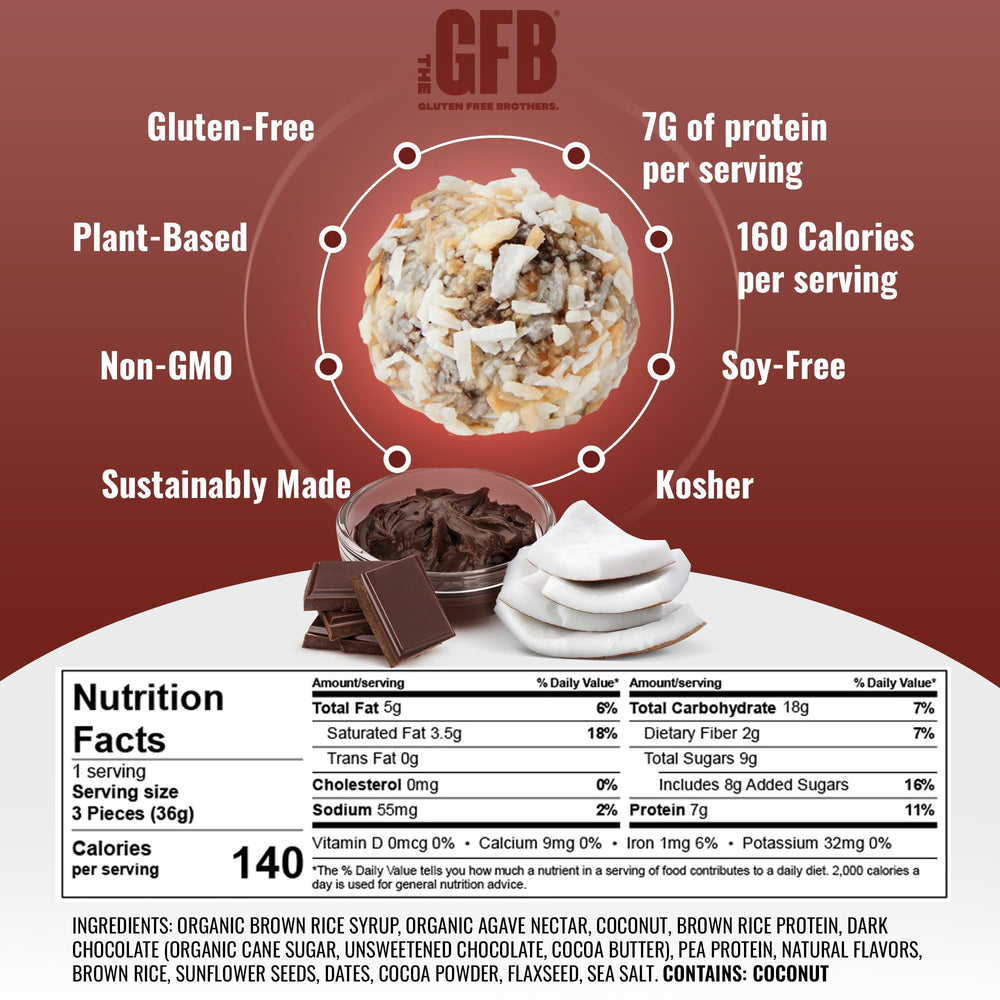 Close-up of The GFB bites showing chocolate and coconut texture for a crave-worthy treat.