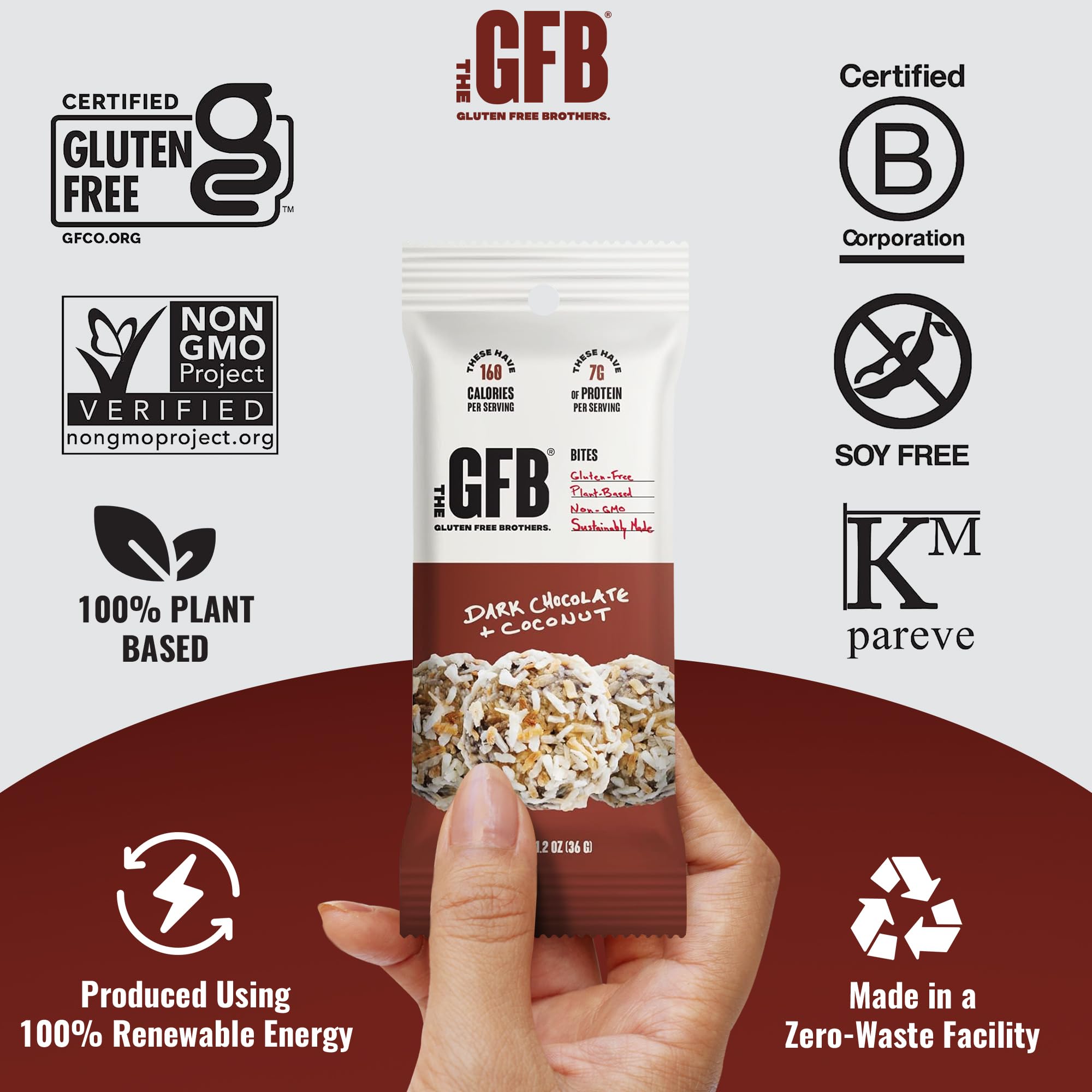 The GFB bites nutrition panel highlights vegan, gluten-free, and non-GMO features.