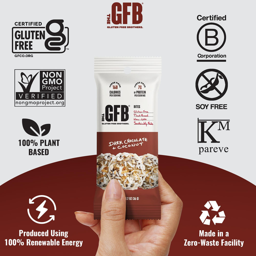 The GFB bites nutrition panel highlights vegan, gluten-free, and non-GMO features.