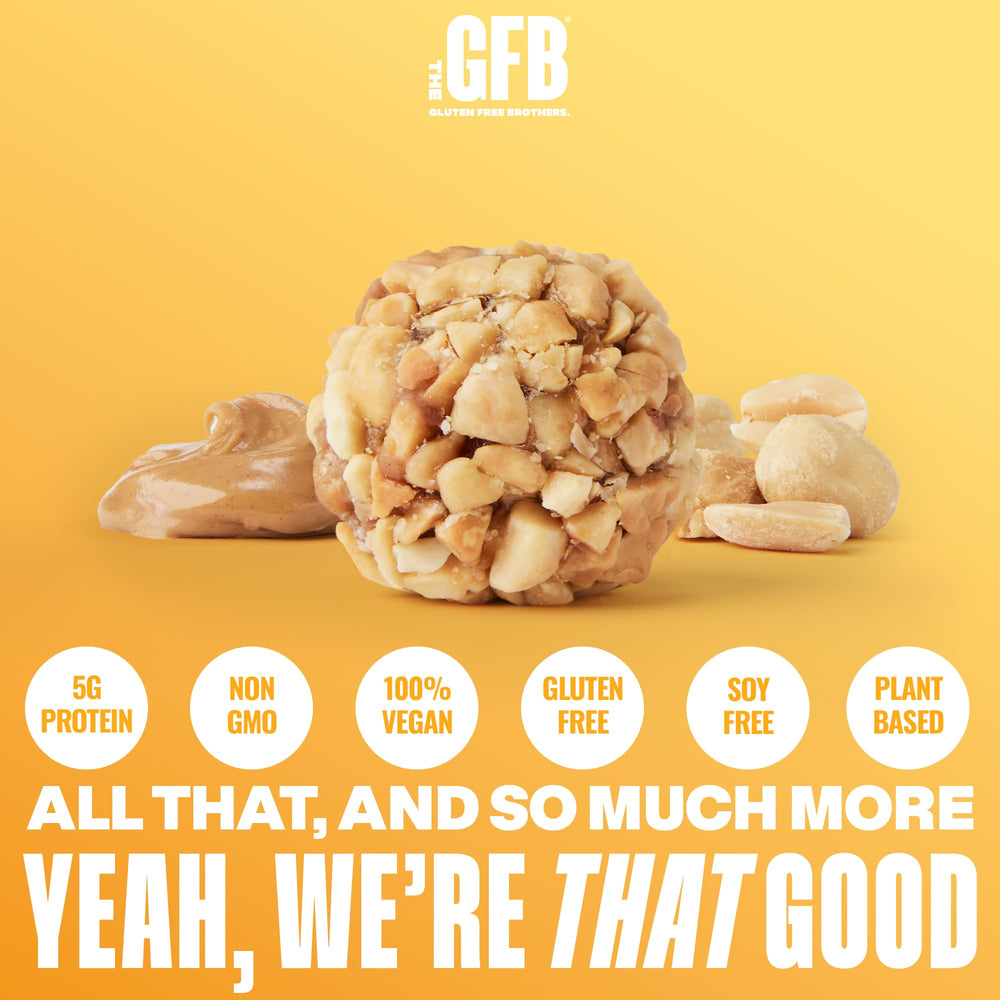 Close-up of creamy peanut butter center highlights plant-based protein goodness.