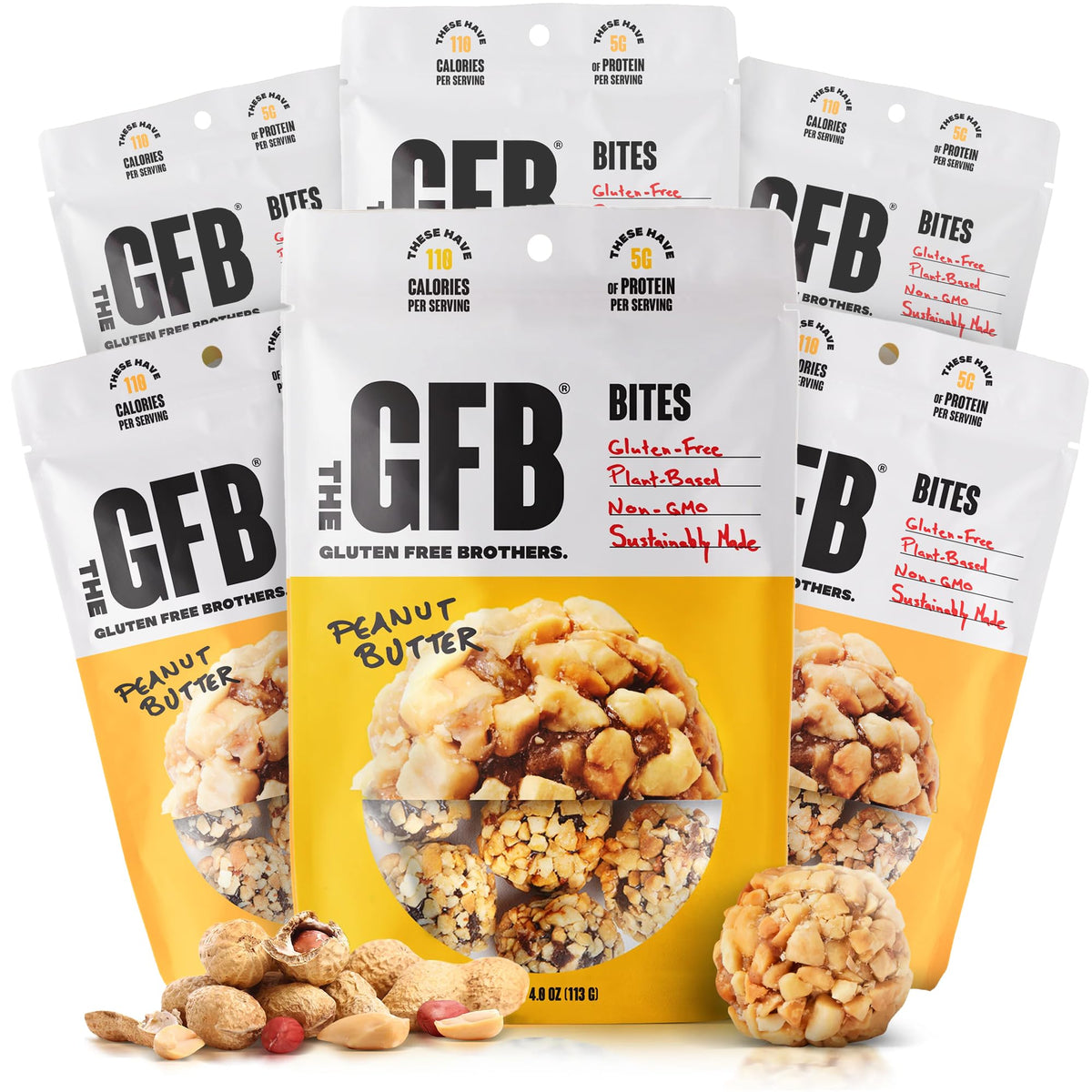 The GFB Peanut Butter Bites pack front, gluten-free vegan snack option.