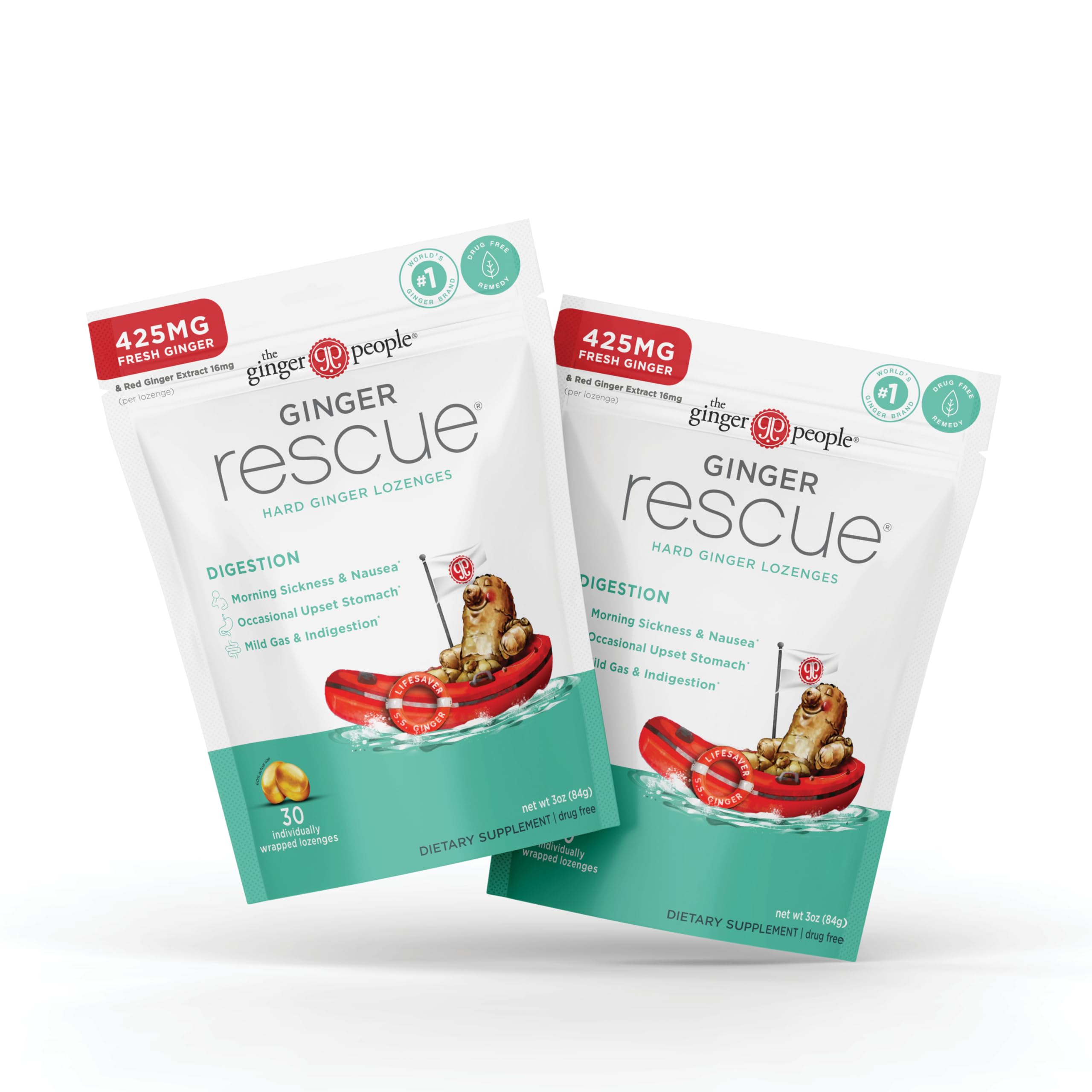 The Ginger People Ginger Rescue lozenges pack front for travel-ready relief.