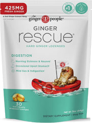 Close-up of Ginger Rescue lozenges on table showing easy-to-chew texture.